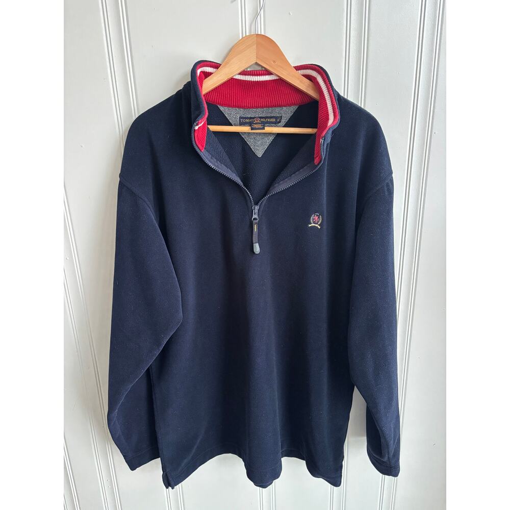 Vintage Tommy Hilfiger Quarter Zip‎ Sweatshirt Navy Blue Men's XL Logo